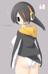  1girl ass bird_tail black_hair black_jacket breasts closed_mouth commentary_request cowboy_shot emperor_penguin_(kemono_friends) expressionless from_behind grey_background hair_between_eyes hair_over_one_eye headphones highres jacket kemono_friends large_breasts lets0020 long_bangs looking_at_viewer looking_back multicolored_hair numbered one-piece_swimsuit orange_hair short_hair simple_background solo streaked_hair swimsuit tail white_one-piece_swimsuit 