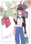 1girl alternate_costume bag blue_eyes blue_pants brown_hair commentary_request cup drinking_straw grin hand_up happy hat high_ponytail highres hilda_(pokemon) hime_(himetya105) holding holding_cup long_sleeves navel pants pokemon pokemon_(creature) pokemon_adventures raglan_sleeves reuniclus shirt shopping_bag sidelocks smile sparkle teeth white_background 
