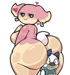  2024 anthro audino big_butt blue_eyes blush blush_lines breasts brown_nose butt digital_drawing_(artwork) digital_media_(artwork) duo female generation_5_pokemon heart_symbol hi_res lewdewott looking_at_another looking_back looking_back_at_another looming narrowed_eyes nintendo oshawott pokemon pokemon_(species) rear_view scut_tail short_tail simple_background size_difference standing tail thick_thighs white_background white_tail 