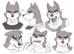  1boy absurdres angry annoyed bara cropped_shoulders ear_down ears_down expression_chart frown furry furry_male greyscale highres huge_eyebrows looking_at_viewer monochrome original profile runny_nose sanpaku short_hair shouting sigh snot ttn_(239_239) 