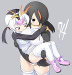  2girls bird_tail black_hair black_jacket breast_envy breasts carrying closed_mouth commentary_request cowboy_shot emperor_penguin_(kemono_friends) frown full_body grey_background hair_between_eyes hair_over_one_eye headphones highres jacket kemono_friends large_breasts lets0020 long_bangs looking_afar looking_to_the_side medium_bangs multicolored_hair multiple_girls numbered one-piece_swimsuit orange_hair pink_footwear pink_hair princess_carry red_eyes royal_penguin_(kemono_friends) shoes short_hair simple_background smile sneakers streaked_hair swimsuit tail thighhighs v-shaped_eyebrows white_hair white_one-piece_swimsuit white_thighhighs 