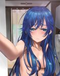  1girl armpits blue_eyes blue_hair blush breasts cleavage collarbone commentary_request completely_nude double-parted_bangs hair_between_eyes hair_censor hair_over_breasts highres indoors jaku-chara_tomozaki-kun long_hair looking_at_viewer medium_breasts nanami_minami nude reaching reaching_towards_viewer solo tutler upper_body wet 