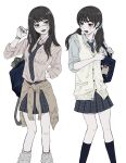  2girls :d arm_behind_back bag bag_charm black_hair black_nails blue_bag blue_necktie blue_shirt blue_skirt blue_socks blush bracelet breast_pocket breasts brown_cardigan bucky_(chainsaw_man) buttons cardigan cardigan_around_waist chainsaw_man charm_(object) clothes_around_waist diagonal-striped_clothes diagonal-striped_necktie dress_shirt eyelashes feet_out_of_frame fingernails green_eyes gyaru hair_bobbles hair_ornament hand_up hands_up head_tilt highres holding_strap iing_naoe jewelry kneehighs long_fingernails long_hair long_sleeves looking_at_another looking_to_the_side loose_socks low_twintails lower_teeth_only miniskirt mitaka_asa multiple_bracelets multiple_girls multiple_rings necklace necktie open_mouth pink_shirt pinstripe_necktie plaid plaid_skirt pocket red_eyes ring ringed_eyes scar scar_on_face school_bag school_uniform shirt shirt_tucked_in side-by-side sideways_glance simple_background skirt sleeves_rolled_up smile socks standing striped_clothes striped_necktie sweat teeth turning_head twintails vest war_devil_(chainsaw_man) white_background white_socks white_vest yoru_(chainsaw_man) 