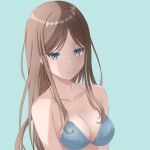  1girl absurdres bang_dream! bang_dream!_it&#039;s_mygo!!!!! bare_shoulders beniyomogi bikini blue_background blue_bikini blue_eyes breasts brown_hair cleavage closed_mouth collarbone commentary_request halterneck highres long_hair looking_at_viewer medium_breasts nagasaki_soyo parted_bangs sidelocks simple_background solo swimsuit upper_body variant_set 