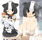  1girl animal_ears animal_print bell black_bow black_bowtie black_eyes black_hair black_skirt blush bottle bow bowtie breasts cleavage closed_mouth commentary_request cow_ears cow_girl cow_print cow_tail cowboy_shot elbow_gloves gloves highres holstein_friesian_cattle_(kemono_friends) kemono_friends lactation large_breasts lets0020 looking_at_viewer medium_bangs milk_bottle miniskirt multicolored_hair one_eye_closed open_mouth orange_bow pleated_skirt print_tank_top print_thighhighs short_hair skirt smile tail tail_bell tail_bow tail_ornament thighhighs two-tone_hair white_hair 