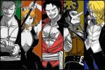  1girl 4boys abs absurdres belt black_hair blonde_hair breasts cleavage eyewear_on_head facial_hair green_hair highres holding holding_weapon long_hair monkey_d._luffy multiple_boys muscular muscular_male nami_(one_piece) nose older one_piece open_mouth orange_hair overalls roronoa_zoro sanji sash scar shinonome_(7566ani) simple_background smile smirk sunglasses usopp wavy_hair weapon 