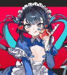  1girl :q apple apron bandaid bandaids_on_nipples black_hair blue_dress blue_hair blush breast_cutout breasts colored_inner_hair commentary dress food framed_breasts frilled_hairband frills fruit grey_eyes hairband heart holding holding_food holding_fruit holding_knife inu_totemo knife letterboxed long_hair looking_at_viewer maid maid_apron maid_headdress multicolored_hair original outside_border pasties small_breasts solo symbol-only_commentary tongue tongue_out twintails two-tone_hair upper_body white_apron white_hairband white_headdress 
