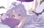  1girl absurdres barefoot black_wings blue_archive blush closed_mouth demon_wings fingernails grey_hair halo highres hina_(blue_archive) indoors iwashi_111 long_hair looking_at_viewer lying on_stomach purple_eyes shirt sleeveless sleeveless_shirt solo toes white_shirt wings 