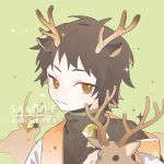  1boy animal_ears antlers brown_eyes brown_hair brown_jacket chinese_commentary closed_mouth commentary_request deer_ears green_background harada_minoru highres horns jacket kemonomimi_mode male_focus off_shoulder open_clothes open_jacket portrait reindeer reindeer_antlers reindeer_boy saibou_shinkyoku sample_watermark short_hair simple_background smile solo sparkle sweater turtleneck turtleneck_sweater watermark white_jacket xiao228 