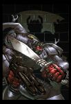  assault_visor autobot black_border border collaboration comic_cover commentary cover_image english_commentary glowing glowing_eyes grimlock highres holding holding_sword holding_weapon kieran_oats marcelo_matere mecha mecha_focus no_humans official_art red_visor robot science_fiction shadow solo sword the_transformers_(idw) transformers weapon western_comics_(style) 
