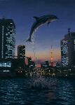  animal animal_focus building city city_lights cloud commentary dolphin dusk highres jumping no_humans original sadajiro skyscraper solo splashing tokyo_(city) tower twilight water_drop 