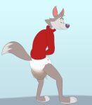  absurd_res accident anthro canid canine canis cereal_mascot chip_the_wolf cookie_crisp diaper extremius_amphibious hi_res looking_back looking_pleasured male mammal mascot messing messing_diaper solo tagme wolf 