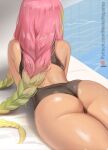  absurdres ass back_cutout bare_shoulders braid braided_ponytail clothing_cutout crotch_seam from_behind green_hair highres kanroji_mitsuri kimetsu_no_yaiba lying meekohopanes multicolored_hair on_stomach outdoors pink_hair pool poolside swimsuit tan thick_thighs thighs 