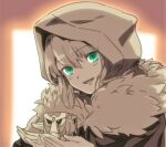  1girl add_(fate) aoba_(smartbeat) bangs breasts cloak cube dress fate_(series) fur-trimmed_cloak fur_trim gray_(fate) green_eyes hood hooded_cloak long_hair long_sleeves looking_at_viewer lord_el-melloi_ii_case_files medium_breasts open_mouth sidelocks smile spot_color 
