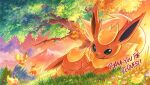  closed_eyes closed_mouth commentary_request commission flareon flower grass lying mei_ford no_humans open_mouth outdoors pixiv_commission pokemon pokemon_(creature) rock smile thank_you tree 