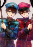  2boys belt black_hair blue_eyes blue_hat club_(shape) diamond_(shape) grey_background gyher hair_between_eyes hat heart heart_no_kuni_no_alice holding holding_staff jacket looking_at_viewer male_focus military_uniform multiple_boys parted_lips red_eyes red_hat siblings spade_(shape) staff tweedle_dee_(kuni_no_alice) tweedle_dum_(kuni_no_alice) twins uniform 
