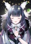  1girl absurdres bangs black_hair blunt_bangs bow closed_eyes coat columbina_(genshin_impact) eye_mask fur-trimmed_coat fur_trim genshin_impact highres long_hair mayu_(sh-n-9) multicolored_hair open_mouth purple_hair smile solo streaked_hair white_bow white_mask wing_hair_ornament 