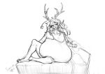  anthro antlers bed bedroom bell big_breasts biped black_and_white breasts clothing coryn_amai female fur furniture hair hi_res horn huge_breasts hyper hyper_breasts jackalope jingle_bell lagomorph looking_at_viewer mammal monochrome pillow sketch solo soothingbells topwear 