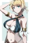  1girl absurdres alternate_breast_size armlet bare_shoulders bikini blonde_hair blue_eyes breasts cleavage earrings fire_emblem fire_emblem_heroes fjorm_(fire_emblem) fjorm_(summer)_(fire_emblem) flower hair_flower hair_ornament highres jewelry large_breasts looking_at_viewer navel official_alternate_costume short_hair solo swimsuit to_(tototo_tk) upper_body 