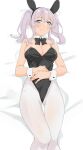  1girl absurdres animal_ears black_bow black_bowtie black_leotard blue_eyes blush bow bowtie breasts cleavage closed_mouth commentary_request detached_collar grey_hair hair_ornament hairclip hands_on_own_stomach highres kantai_collection kashima_(kancolle) large_breasts leotard looking_at_viewer lying maonatten on_back pantyhose playboy_bunny rabbit_ears simple_background smile solo strapless strapless_leotard twintails white_background white_pantyhose wrist_cuffs 