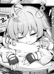  1girl absurdres ahoge blue_archive blush closed_eyes commentary_request drooling fingerless_gloves gloves greyscale highres hoshino_(blue_archive) isinose_(ilxodidli) jacket long_hair long_sleeves monochrome no_halo pillow saliva sleeping solo 