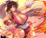  1girl absurdres arm_guards bare_shoulders blush breasts brown_eyes brown_hair cleavage duralu500 fatal_fury folded_fan folding_fan hand_fan high_ponytail highres holding holding_fan japanese_clothes large_breasts long_hair looking_at_viewer ninja pelvic_curtain ponytail revealing_clothes rope shiranui_mai sideboob smile snk solo the_king_of_fighters thighs 