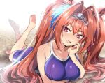  1girl :d animal_ears antenna_hair arm_under_breasts backlighting barefoot beach blue_gemstone blue_one-piece_swimsuit bow breast_hold breasts brown_hair collarbone commentary competition_school_swimsuit daiwa_scarlet_(umamusume) day fang feet foreshortening full_body fur_trim gem hair_between_eyes hair_bow hair_intakes hand_on_own_cheek hand_on_own_face head_rest head_tilt horse_ears horse_girl horse_tail large_breasts legs_up light_blush light_particles long_hair looking_at_viewer lying nakahira_guy on_ground on_stomach one-piece_swimsuit open_mouth outdoors red_bow red_eyes school_swimsuit sidelocks single_vertical_stripe slit_pupils smile soles solo sunlight swimsuit tail tail_through_clothes the_pose tiara toes tracen_swimsuit twintails umamusume v-shaped_eyebrows very_long_hair 
