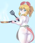  4_fingers anthro apron apron_only blonde_hair blue_background blue_eyes blue_pupils blush buckteeth butt clothing cookware femboy fingers frying_pan fur gloves_(marking) hair hi_res holding_object kitchen_utensils looking_at_viewer looking_back male mammal markings marvin_(mr-shin) mouse mr-shin murid murine pink_body pink_inner_ear ponytail pupils rear_view rodent simple_background solo spatula standing steam teeth thick_thighs tools white_body white_fur 