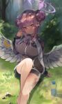  1girl angel_wings barefoot black_jacket black_shorts blue_archive blush bottle breasts closed_mouth crescent crescent_pin double_bun feathered_wings forest grass gym_shorts hair_bun halo highres jacket large_breasts lkeris long_hair long_sleeves looking_at_viewer mika_(blue_archive) nature outdoors pink_hair pink_halo shorts sitting solo track_jacket white_wings wings yellow_eyes 