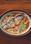  bell_pepper bell_pepper_slice bowl canvas_texture commentary_request faux_traditional_media fish_(food) food food_focus highres no_humans noodles original realistic sadajiro salmon soba steam table wooden_table 