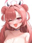  1girl absurdres black_choker blue_archive blush breasts choker cleavage double_bun fake_horns fang hair_bun halo highres horns kirara_(blue_archive) large_breasts long_hair one_eye_closed open_mouth pink_eyes pink_hair pink_halo simple_background siru smile solo upper_body white_background 