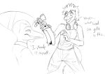  5_fingers anthro balls bent_arm biped bottomwear cavemanon_studios clothing dialogue dinosaur dromaeosaurid duo english_text extinct eyebrows eyes_mostly_closed feathered_tail feathers fingers genitals gesture gift goodbye_volcano_high grin hair hand_gesture holding_object long_tail looking_at_another looking_at_object male monochrome narija narrowed_eyes naser_(gvh) nrool pants penetrable_sex_toy penis pointing prehistoric_species pterodactylus pterosaur raised_inner_eyebrows reed_(gvh) reptile scalie seductive sex_toy shirt short_hair simple_background smile snoot_game tail tank_top teeth text theropod topwear velociraptor white_background 