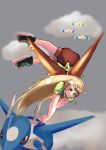  blonde_hair blurry depth_of_field emerald_(pokemon) flying highres kicking latias latios looking_at_viewer non-web_source pokemon pokemon_adventures soft_focus throwing_person wings wingull 