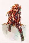  1girl armor braid brown_loincloth cliff expressionless feet fingerless_gloves freckles gloves knee_cutout les_chevaucheurs loincloth long_hair looking_to_the_side maxa&#039; on_floor orange_hair phenice_walholl red_armor scar scar_on_arm shin_guards sitting solo stirrup_legwear toeless_legwear toes warrior white_background wiggling_toes yellow_eyes 