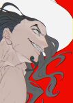  1boy black_hair chromatic_aberration commentary_request evil_smile facial_hair floating_hair goatee hat highres long_hair looking_ahead male_focus one_piece profile red_background rob_lucci sc_scandium simple_background smile solo upper_body v-shaped_eyebrows veins white_hat 