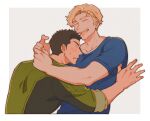  2boys ao_isami black_hair blonde_hair blush couple cropped_torso face_to_pecs facial_hair forced_hug from_side happy lewis_smith luo_zi male_focus multiple_boys sideburns_stubble smile stubble thick_eyebrows toned toned_male wide-eyed yaoi yuuki_bakuhatsu_bang_bravern 