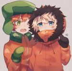  2boys animification blonde_hair blue_eyes covered_mouth fur_hat green_eyes hat highres hood hood_up jacket kenny_mccormick kyle_broflovski long_sleeves looking_at_viewer male_focus mittens momiji_shiori multiple_boys one_eye_closed open_mouth orange_hair south_park upper_body ushanka 