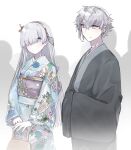  1boy 1girl alternate_costume anastasia_(fate) bag black_kimono blue_eyes blue_kimono brown_bag brown_hairband commentary_request ear_piercing earrings expressionless eyes_visible_through_hair fate/grand_order fate_(series) floral_print_kimono grey_hair hair_over_one_eye hairband handbag highres holding holding_bag japanese_clothes jewelry kadoc_zemlupus kimono long_sleeves looking_at_another neck_piercing obi piercing purple_sash sash simple_background smile white_background wide_sleeves yellow_eyes yubeshi_(zecxl) 