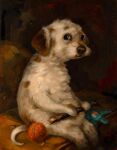  alison_friend ambiguous_gender ball canid canine canis domestic_dog feral furniture looking_at_viewer mammal oil oil_painting_(artwork) sitting sofa solo stick 
