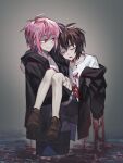  2boys bishounen black_jacket black_shorts blood blood_from_mouth blood_on_clothes blue_shorts brown_hair carrying cellberry_proto closed_eyes closed_mouth grey_background highres hood hood_down hooded_jacket isoi_haruki jacket multiple_boys open_mouth origin_alpha partially_submerged pink_hair red_eyes saibou_shinkyoku shirt short_hair shorts smile spoilers white_shirt 