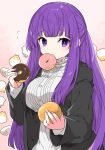  1girl black_robe breasts commentary_request doughnut dress fern_(sousou_no_frieren) food food_in_mouth highres holding holding_food hood hood_down hooded_robe kamiyoshi_rika large_breasts long_hair long_sleeves mouth_hold nail_polish open_clothes open_robe pink_nails purple_eyes purple_hair robe sleeves_past_wrists solo sousou_no_frieren very_long_hair white_dress 