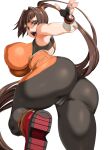  1girl absurdres ass bare_shoulders boots breasts brown_eyes brown_hair cameltoe dnf_duel dungeon_and_fighter era_(erasion) fighter_(dungeon_and_fighter) fingerless_gloves from_behind gloves highres huge_ass huge_breasts long_hair looking_at_viewer looking_back open_mouth pants ponytail shiny shiny_clothes shiny_hair shiny_skin simple_background solo striker_(dungeon_and_fighter) thick_thighs thighs very_long_hair white_background 