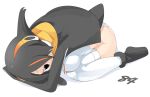  1girl bent_over bird_tail black_eyes black_footwear black_hair black_jacket breasts closed_mouth commentary_request emperor_penguin_(kemono_friends) full_body hair_between_eyes hair_over_one_eye headphones jacket kemono_friends large_breasts lets0020 long_bangs looking_at_viewer multicolored_hair numbered one-piece_swimsuit orange_hair short_hair simple_background sitting smile solo streaked_hair swimsuit tail thighhighs wariza white_background white_one-piece_swimsuit white_thighhighs 