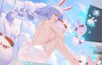  1girl absurdres animal_ear_fluff animal_ears animal_slippers back backless_dress backless_outfit barefoot blue_hair blush braid breasts bunny_slippers carrot cloud commentary_request digital_dissolve dress eyelashes from_side hair_between_eyes highres hololive knees_up large_breasts light_blue_hair long_hair looking_at_viewer mature_female multicolored_hair mumu_lin open_mouth pekomama rabbit_ears rabbit_girl rabbit_tail red_eyes ribbon second-party_source sideboob sitting slippers smile solo tail two-tone_hair usada_pekora very_long_hair virtual_youtuber white_hair white_ribbon 