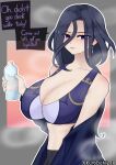  1girl bottle breasts cleavage clorinde_(genshin_impact) genshin_impact gym_uniform highres holding holding_bottle jacket jacket_on_shoulders jacket_partially_removed kurodahlia18 large_breasts looking_at_viewer self-upload solo steam steaming_body sweat sweatdrop talking water_bottle 