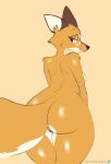  2022 anthro big_butt bottomless breasts brown_body brown_fur bustingmangos butt canid canine clothed clothing curvy_figure digital_media_(artwork) eyelashes eyewear female fluffy fox fur genitals glasses glistening glistening_body half-closed_eyes hi_res looking_at_viewer looking_back looking_back_at_viewer mammal multicolored_body narrowed_eyes nude presenting presenting_hindquarters pussy rey_(animatedmau) side_boob simple_background smile solo voluptuous white_body white_fur wide_hips 