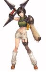  1girl abs absurdres arm_guards armor asymmetrical_legwear black_hair brown_eyes elbow_gloves final_fantasy final_fantasy_vii final_fantasy_vii_remake fingerless_gloves fishnet_legwear fishnets full_body gloves green_shirt grin hair_between_eyes headband highres holding_shuriken leg_warmers looking_at_viewer makimura_shunsuke midriff navel ninja orange_footwear over_shoulder shirt shoes short_hair short_shorts shorts shoulder_armor shuriken sleeveless sleeveless_turtleneck smile sneakers teeth turtleneck unbuttoned_shorts weapon weapon_over_shoulder white_background yuffie_kisaragi 