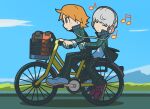  2boys absurdres bag bicycle bicycle_basket black_jacket black_pants brown_eyes brown_hair closed_eyes closed_mouth cloud day from_side grey_hair hanamura_yousuke headphones highres jacket listening_to_music long_sleeves male_focus multiple_boys musical_note narukami_yuu open_clothes open_jacket outdoors pants persona persona_4 riding riding_bicycle sach56000 shirt shoes sky 