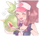  1girl :d black_vest black_wristband blush brown_hair character_name clenched_hand closed_eyes commentary_request fist_bump happy hat heart high_ponytail hilda_(pokemon) hime_(himetya105) long_hair open_clothes open_mouth open_vest pokemon pokemon_(creature) pokemon_bw pokemon_on_arm shirt sidelocks smile snivy teeth upper_teeth_only vest white_hat white_shirt 
