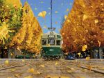  autumn autumn_leaves blue_background blue_sky bush car commentary_request falling_leaves ginkgo_tree leaf motor_vehicle no_humans original outdoors sadajiro scenery sky stone_floor streetcar translation_request tree 